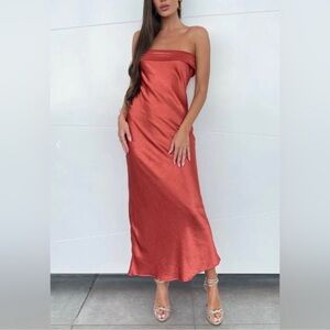 RUNAWAY The Label RNWY Leila Strapless Satin Midi Dress